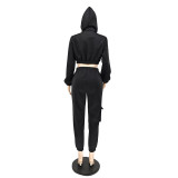 Women'S Fashion Solid Color Side Pocket Autumn Winter Casual Tracksuit Two Piece Pants Set