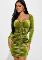 Women'S Fall Winter Solid Velvet Ruched Long Sleeve Sexy Bodycon Party Dress