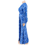 Plus Size Women'S Print V-Neck Fashion Long Sleeve Mermaid Long Dress