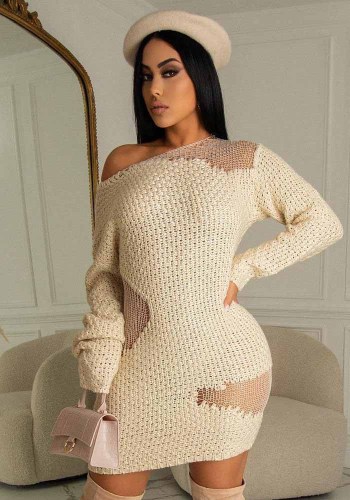 Women'S Sexy Round Neck Long Sleeve Sweater Knitting Dress