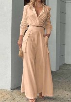 Women'S Casual Solid Color Cropped Long Sleeve Shirt High Waist Wide Leg Pants Two Piece Set