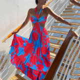 Summer Print V Neck Sleeveless Halter Boho Dress