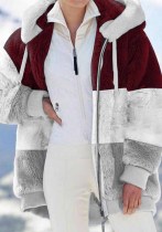 Autumn And Winter Warm Fleece Patchwork Zipper Pocket Hooded Loose Women Jacket Coat