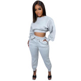 Fall Winter Women'S Round Neck Loose Puff Sleeve Solid Hoodies Tracksuit