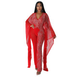 Fashion V-Neck Bat Sleeves See-Through Beaded Sexy Nightclub Party Jumpsuit