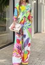 Spring Street Hipster Kadın Moda Rahat Baskı Uzun Kollu Gömlek Geniş Bacak Pantolon İki Parçalı Set
