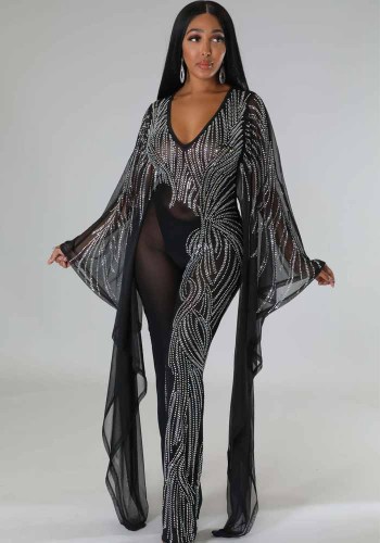 Mode V-Neck Bat Sleeves See-Through Beaded Sexy Nightclub Party Jumpsuit