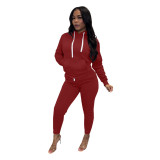 Women'S Solid Color Fashion Casual Hooded Sports Tracksuit Two Piece Pants Set