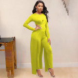 Women'S Solid Color Cutout Long Sleeve Irregular Top Tight Fitting Pants Two Piece Set