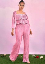 Women'S Fall Solid Pleated Square Neck Ruffle Long Sleeve Top Pants Two Piece Set
