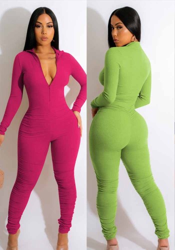 Women Fashion Casual Solid Color Fitted Ribbed Zip V Neck Jumpsuit