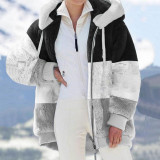 Autumn And Winter Warm Fleece Patchwork Zipper Pocket Hooded Loose Women Jacket Coat