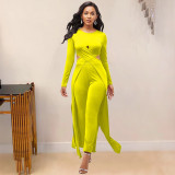 Women'S Solid Color Cutout Long Sleeve Irregular Top Tight Fitting Pants Two Piece Set