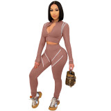 Plus Size Women Contrast Long Sleeve Top And Pant Sports Two-Piece