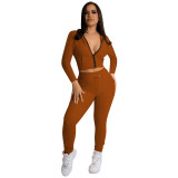 Women Zip Long Sleeve Hooded Top And Pant Two Piece