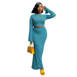 Women Fall Ribbed Bell Bottom Long Sleeve Top And Mermaid Dress Two Piece