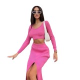 Women Long Sleeve Round Neck Top And Split Skirt Two Piece