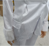 Women's Fashion Two-piece Blazer and Pants Suits with Feather