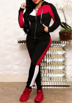 プラスのサイズの女性カジュアル コントラスト フード付き長袖トップとパンツ ツーピース セット