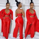 Women Sexy Pleated Robe Crop Top and Wide Leg PantsThree Piece