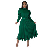 Fall Women Puff Sleeve Top And Ruffled Pleated Skirt Two-Piece Set
