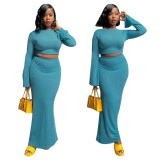 Women Fall Ribbed Bell Bottom Long Sleeve Top And Mermaid Dress Two Piece