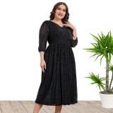 Plus Size Women V-Neck 3/4 Sleeve Midi Dress
