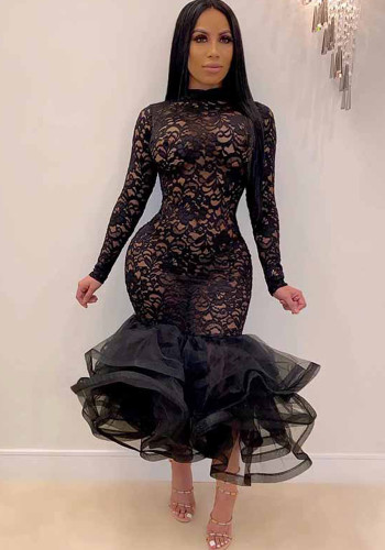 Plus Size Women Long Sleeve Cutout Lace Dress