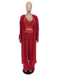 Women Sexy Pleated Robe Crop Top and Wide Leg PantsThree Piece