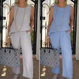 Women Summer Sleeveless Top And Cropped Wide Leg Pants Two Piece Set
