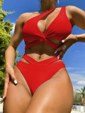 Women Sexy Solid Cut Out One Shoulder Swimwear