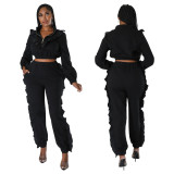 Fall Women Zip Stand Collar And Ruffle Edge Pant Two Piece