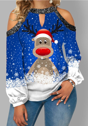 Camiseta de manga larga con hombros descubiertos y cuello redondo con estampado de alces navideños