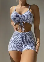 Women Striped Print Drawstring Swimwear Two Pieces