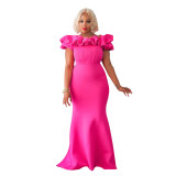 Women Solid Ruffle Collor Mermaid Dress Evening Dress