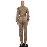 Women Winter Zip V-Neck Long Sleeve Top And Pant Casual Two Piece
