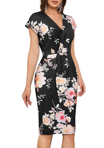 Vestido ajustado floral plisado de manga corta con cuello en V para mujer