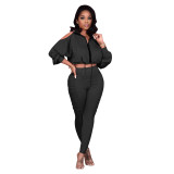 Women Solid Off Shoulder Zip Top And Side Pleated Pants Two Piece