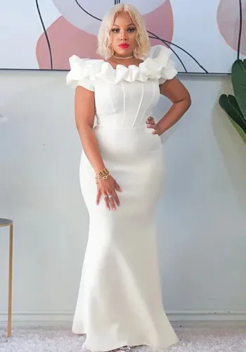 Women Solid Ruffle Collor Mermaid Dress Evening Dress