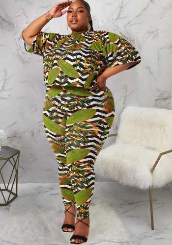 Plus Size Women Round Neck Print Top And Pant Two Piece