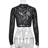 Womens Cutouts Long Sleeves Round Neck mesh See-Through Crop Top
