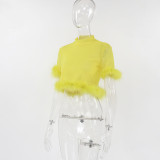 Women Fall Sexy Feathers Mesh See-Through Turtleneck Crop Top