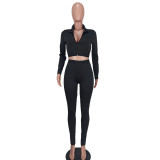 Womens Sexy Zip Long Sleeve Crop Top And Pant Two Piece