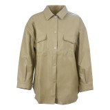 Winter Khaki Leather Button Up Long Jacket with Pockets