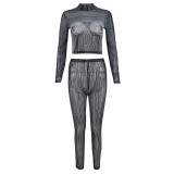 Women Cutout Mesh See-Through Crop Top And Pant Two-Piece