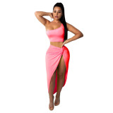 Plus Size Women Crinkled Solid Crop Top And Skirt Two Piece