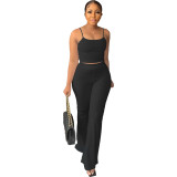 Women Solid Color Sling Top And Bell Bottom Pants Two Piece