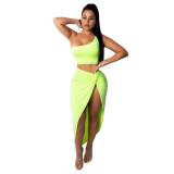 Plus Size Women Crinkled Solid Crop Top And Skirt Two Piece