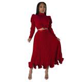 Fall Women Puff Sleeve Top And Ruffled Pleated Skirt Two-Piece Set