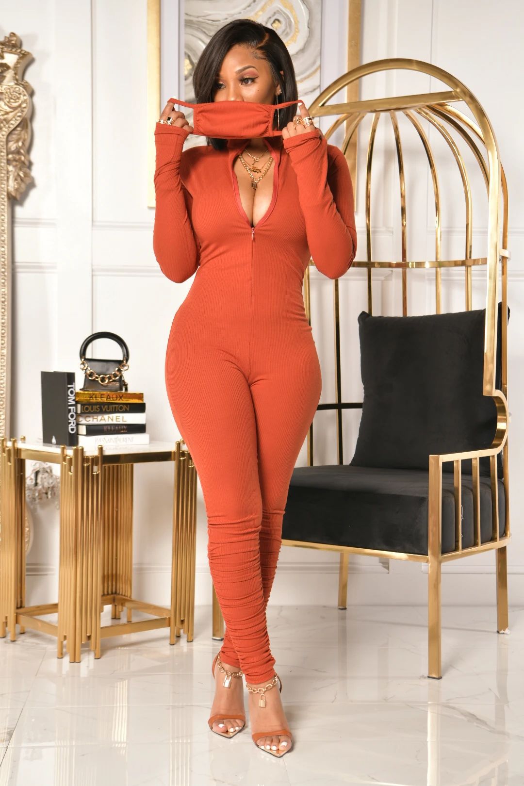 Women Solid Color Long Sleeve Zip Jumpsuit (mask not included